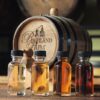 rum barrel with small bottles